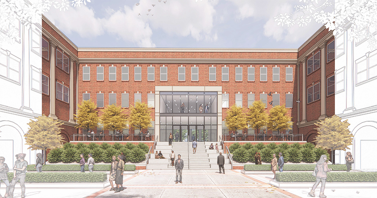 Exterior perspective rendering of the renovated Brown Hall at ETSU highlighting the brick façade and new central glass connector between building wings, with landscaped terraces and students entering and exiting the building.