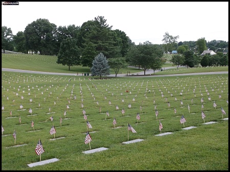 Photo of Mountain Home National Cemetery Memorial Day 2017 with US flags on flat grave markers by Wsh Kd used under CC BY-NC-ND 2.0 