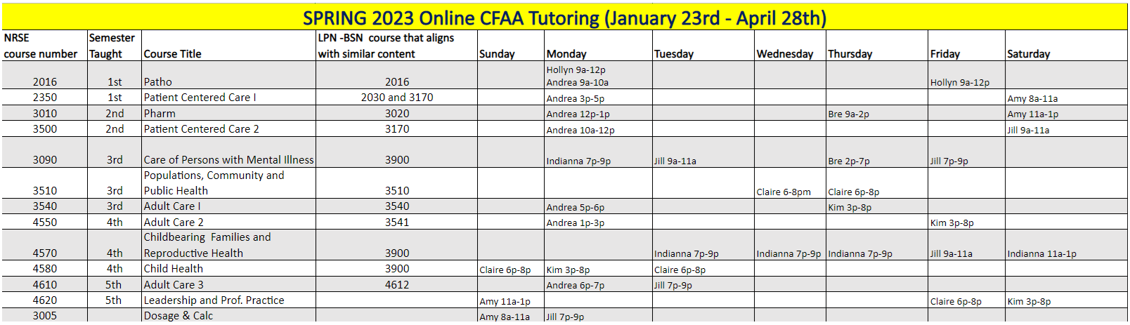 Spring 2023 Inline CFAA Tutoring Schedule