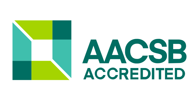 aacsb logo with the type treatment. The logo is a two-tone teal and lime green square.