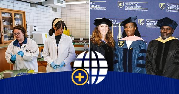 collage: two women in lab coats and medical gloves stand in a lab; a doctoral graduate stands with two faculty members.