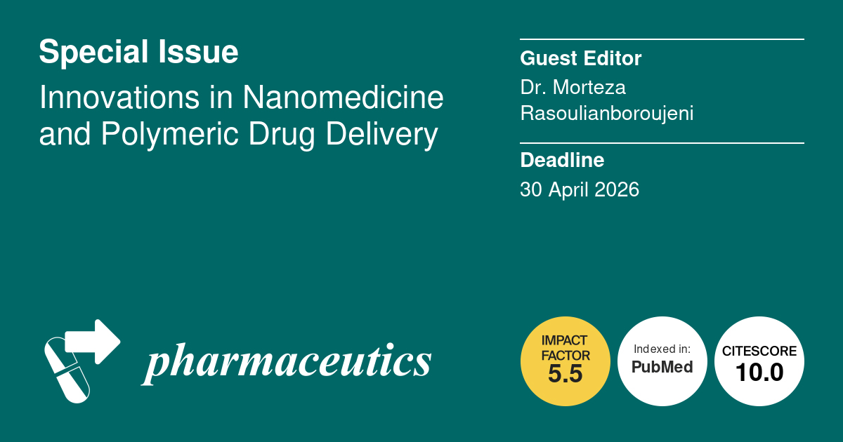 A flyer for the Pharmaceutics special issue listing the title “Innovations in Nanomedicine and Polymeric Drug Delivery,” Guest Editor Dr. Rasoulianboroujeni, a deadline of April 30, 2026, and a journal impact factor of 5.5 with a CiteScore of 10.