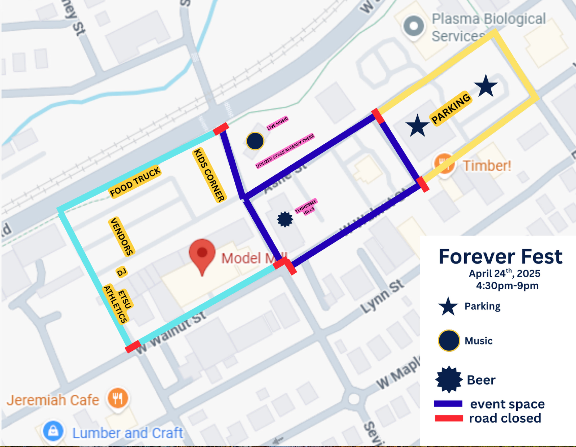 Map of the Forever ETSU event in downtown JC