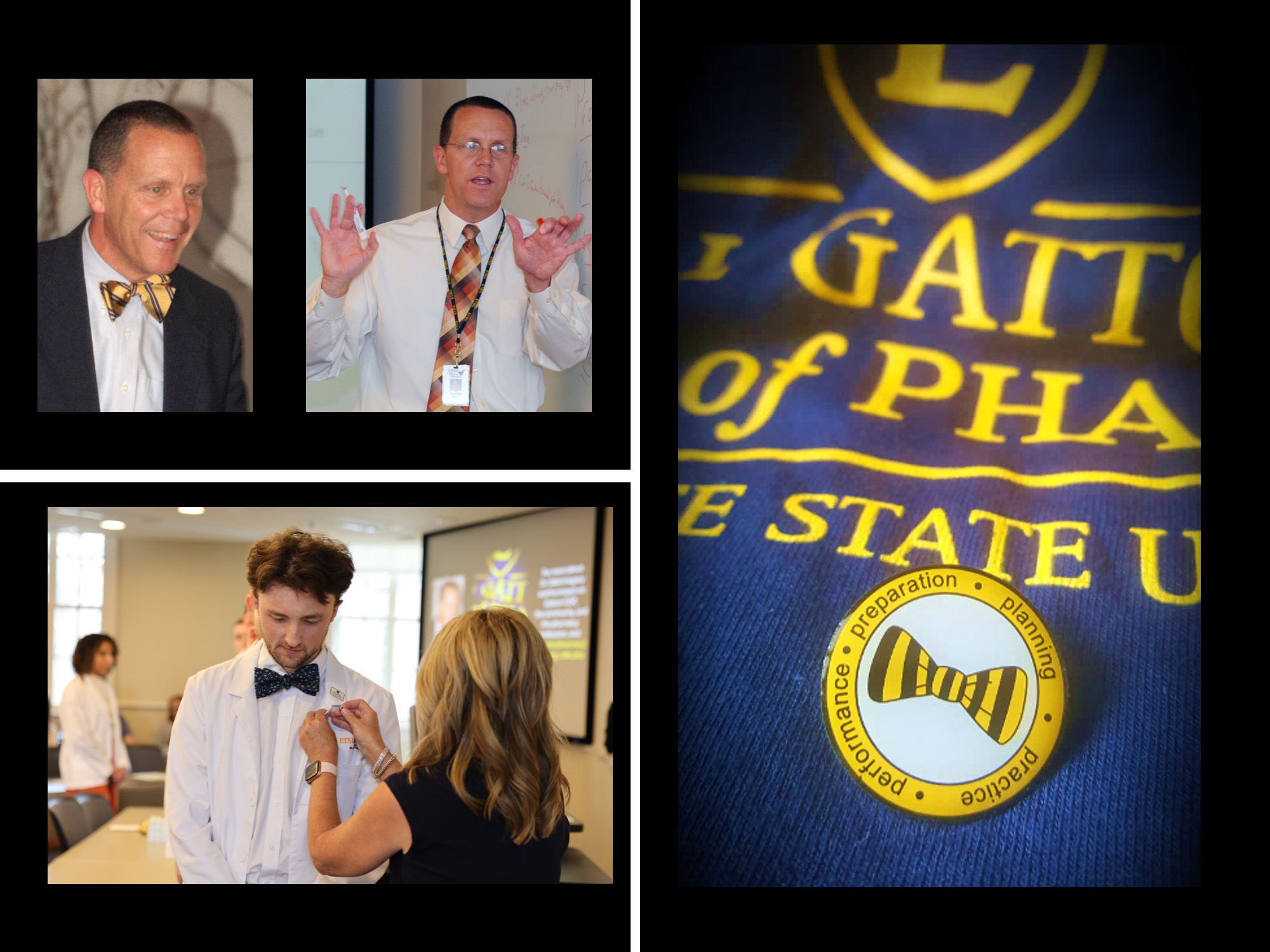 A collage of photos: Top left, Dr. Brian Odle; right, the Odle pin with signature bow tie and 4 words "Preparation, Planning, Performance, Practice"; bottom l left, Dr. Odle's wife pinning a student.