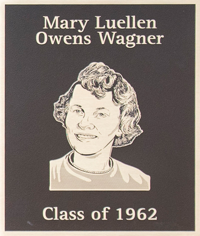 A plaque featuring the engraved portrait of Mary Luellen Owens Wagner