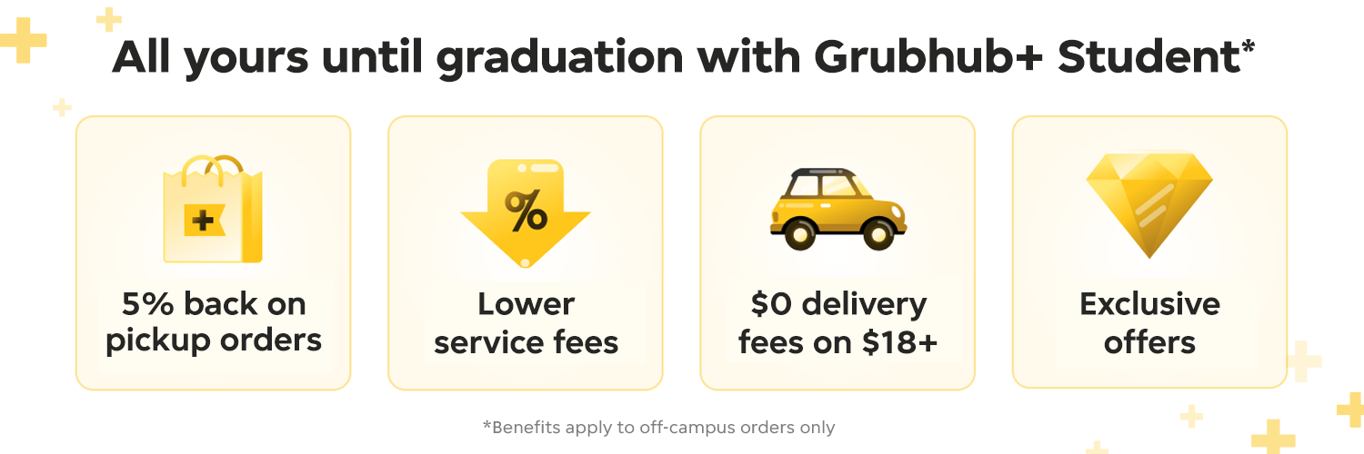 image describing grubhub benefits. $0 delivery fees. Lower Service fees. 5% back on pick-up orders. And exclusive offers