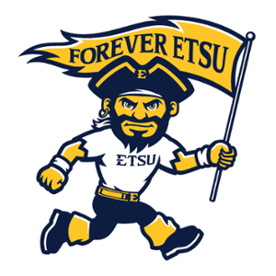 cartoon graphic of ETSU mascot Bucky holding a flag that says 'forever ETSU'