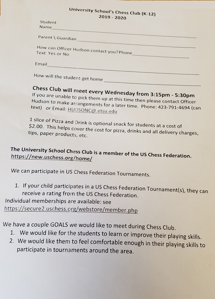 Chess Club Permission Form