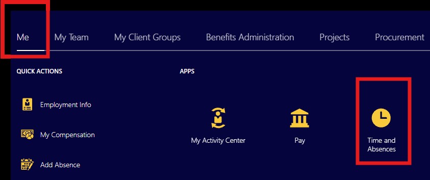 Screenshot of Voyager screen directing users to select "Me" in the upper left of the screen, then to select "Time & Absences."