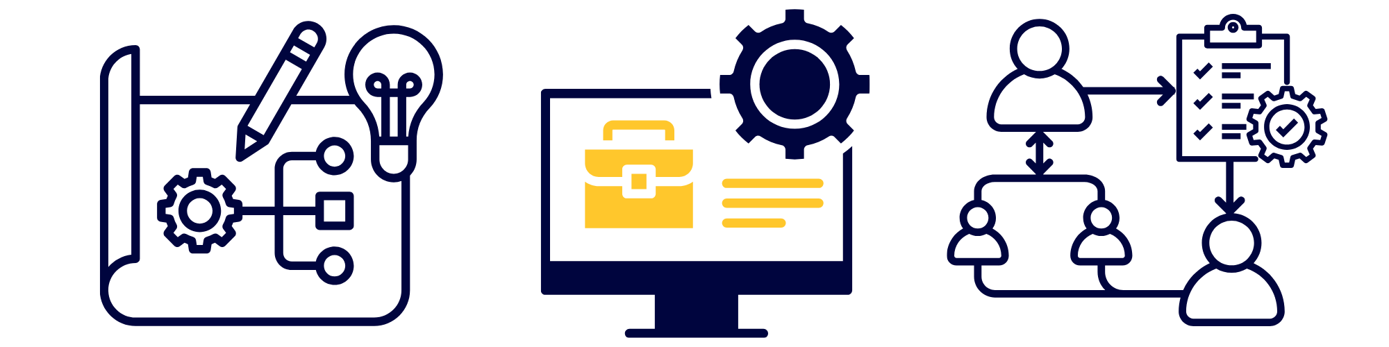 decorative image: computer, gears, and people icons.