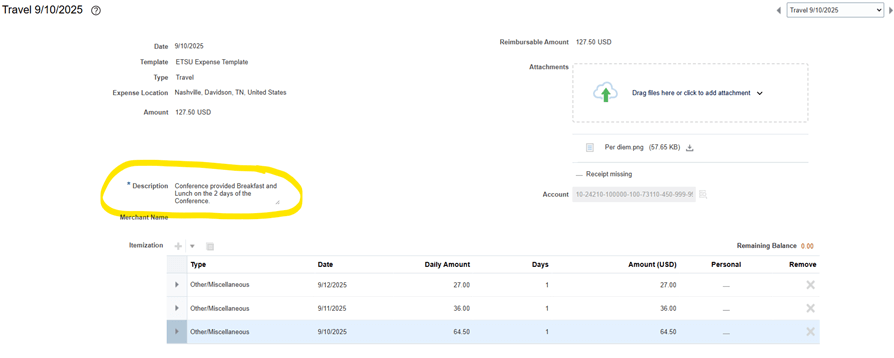 Travel expense template screenshot demonstrating where the "Description' location is.